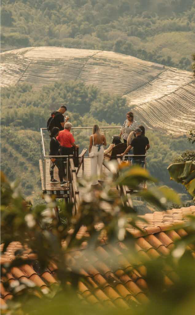 un grupo de personas de pie sobre una plataforma con la mejor vista del eje cafetero