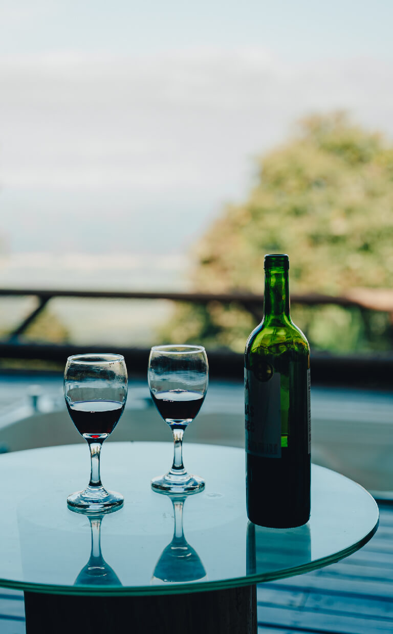 una botella y copas de vino sobre una mesa