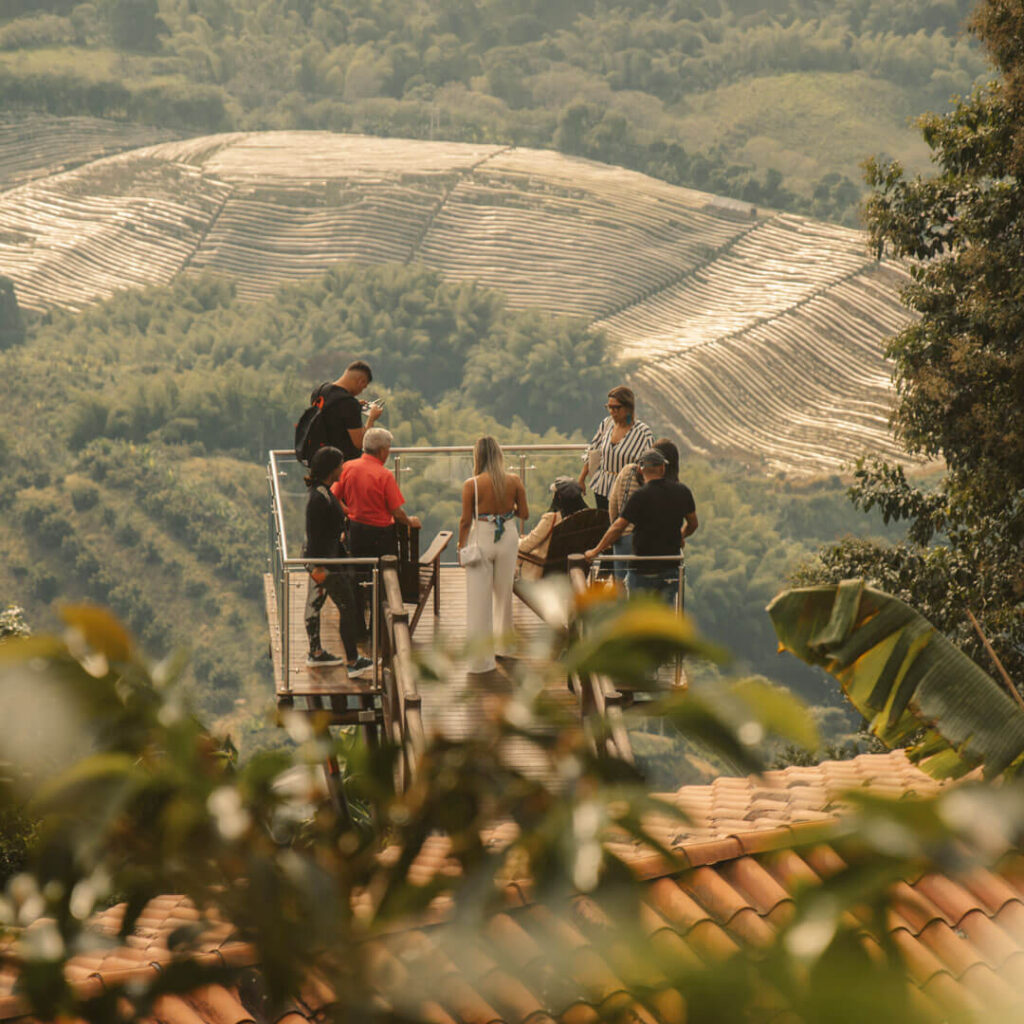 un grupo de personas de pie sobre una plataforma con la mejor vista del eje cafetero